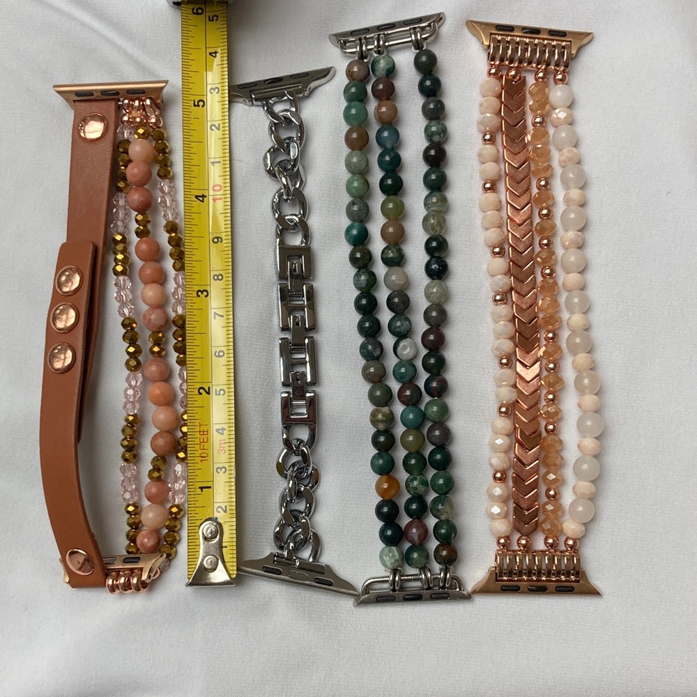 Apple Watch Bands in Rose Gold, Blue Beads, and Silver